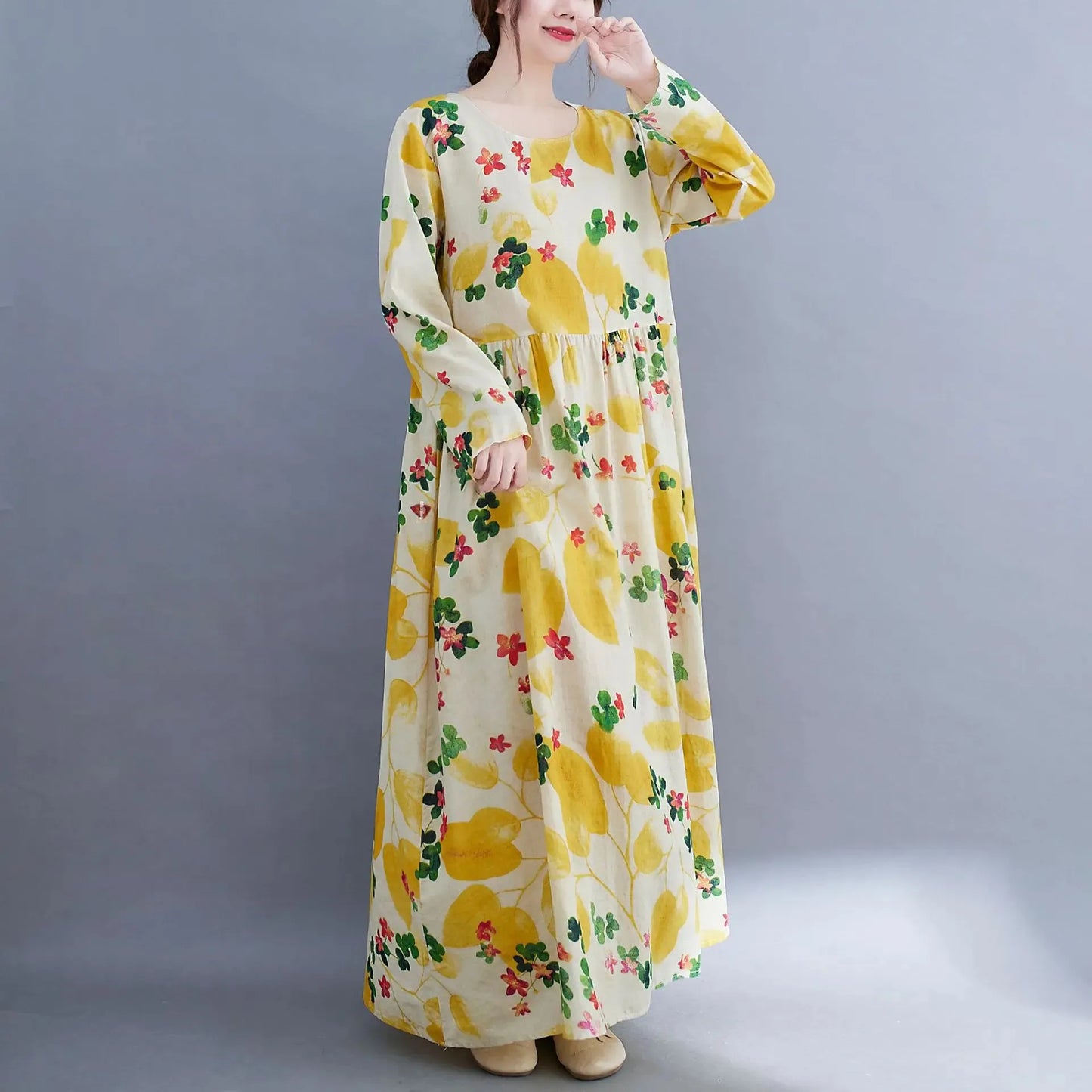 Plus Size Vintage Printed Plus Size Women's Dress Autumn Loose Fit Slimming A- Line Cotton Linen Long Dress