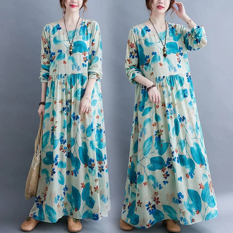 Plus Size Vintage Printed Plus Size Women's Dress Autumn Loose Fit Slimming A- Line Cotton Linen Long Dress