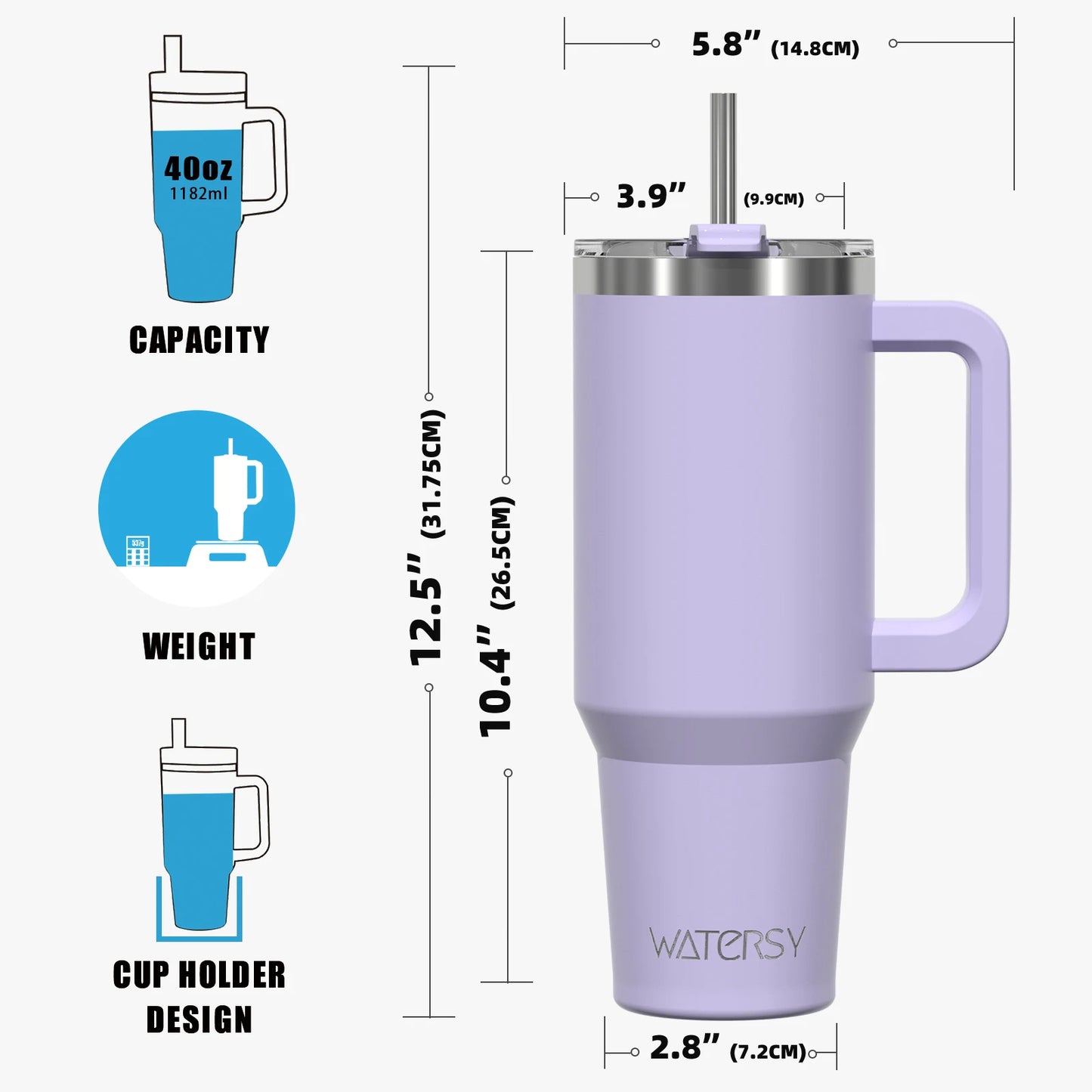 Watersy | 891/1182ml Insulated Mug With Handle And Straw Large Capacity