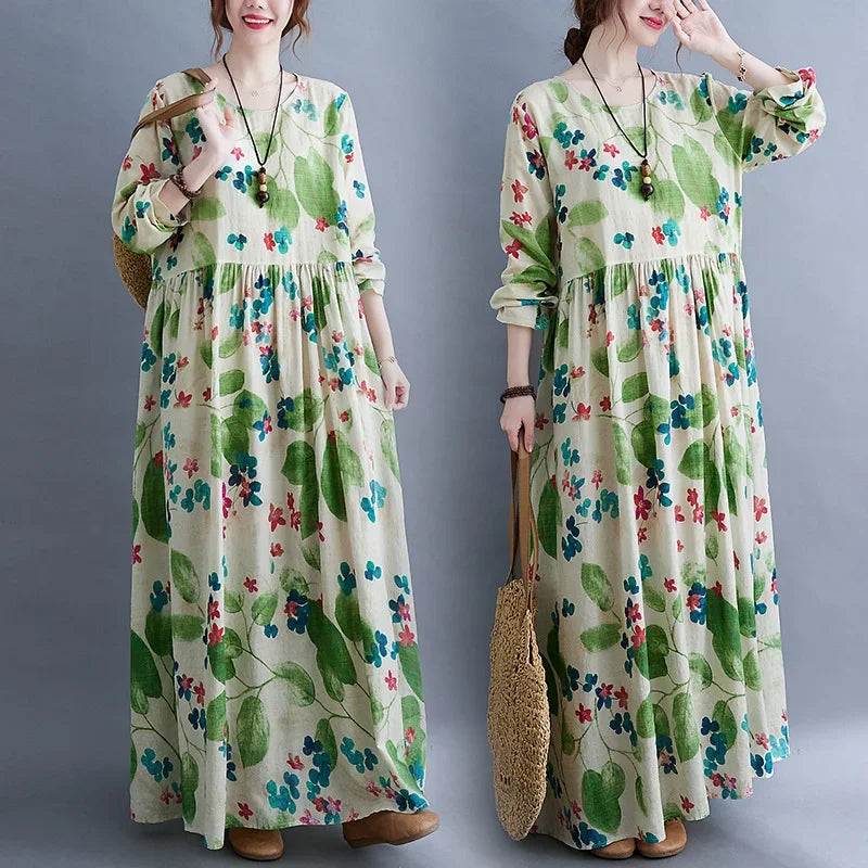 Plus Size Vintage Printed Plus Size Women's Dress Autumn Loose Fit Slimming A- Line Cotton Linen Long Dress