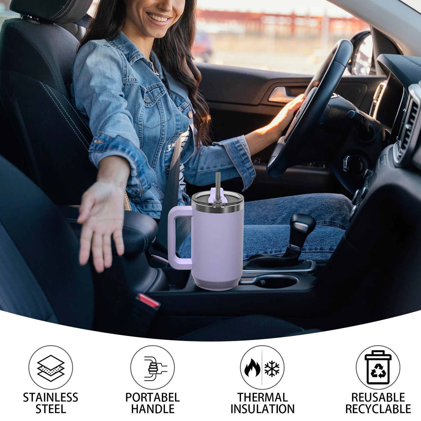 Watersy | 891/1182ml Insulated Mug With Handle And Straw Large Capacity