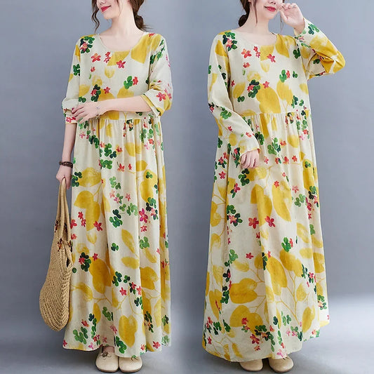 Plus Size Vintage Printed Plus Size Women's Dress Autumn Loose Fit Slimming A- Line Cotton Linen Long Dress