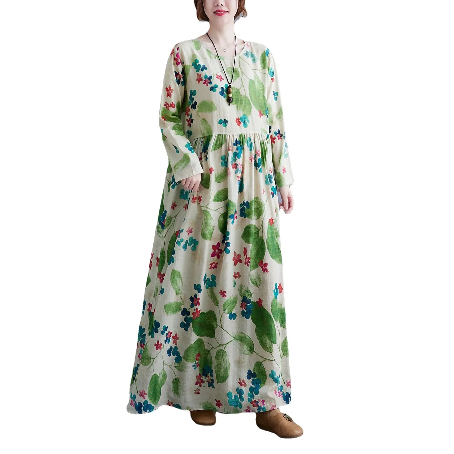 Plus Size Vintage Printed Plus Size Women's Dress Autumn Loose Fit Slimming A- Line Cotton Linen Long Dress
